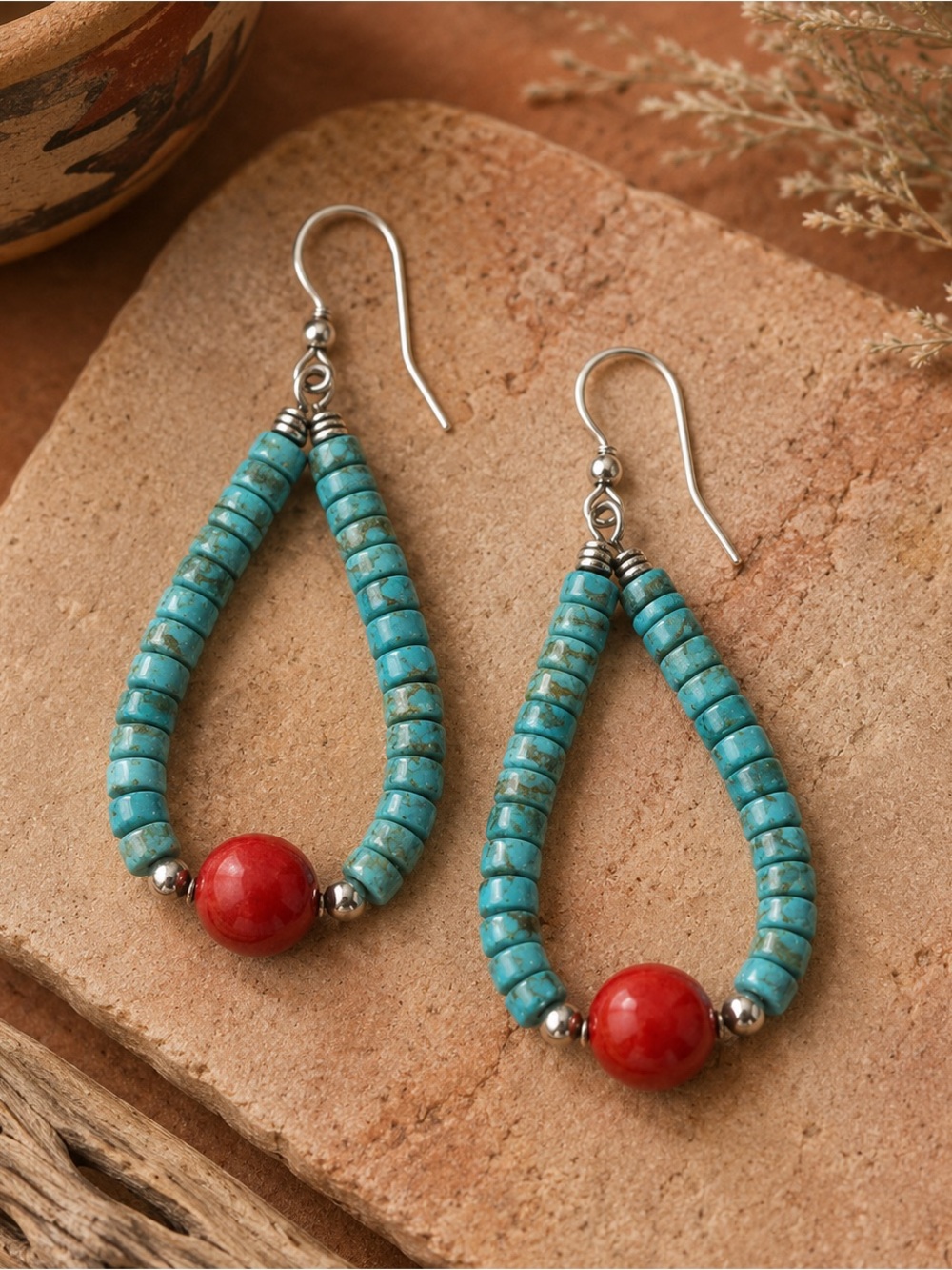 Southwestern Turquoise and Coral Drop Earrings 925 Silver Statement NWT 2.5” 655
